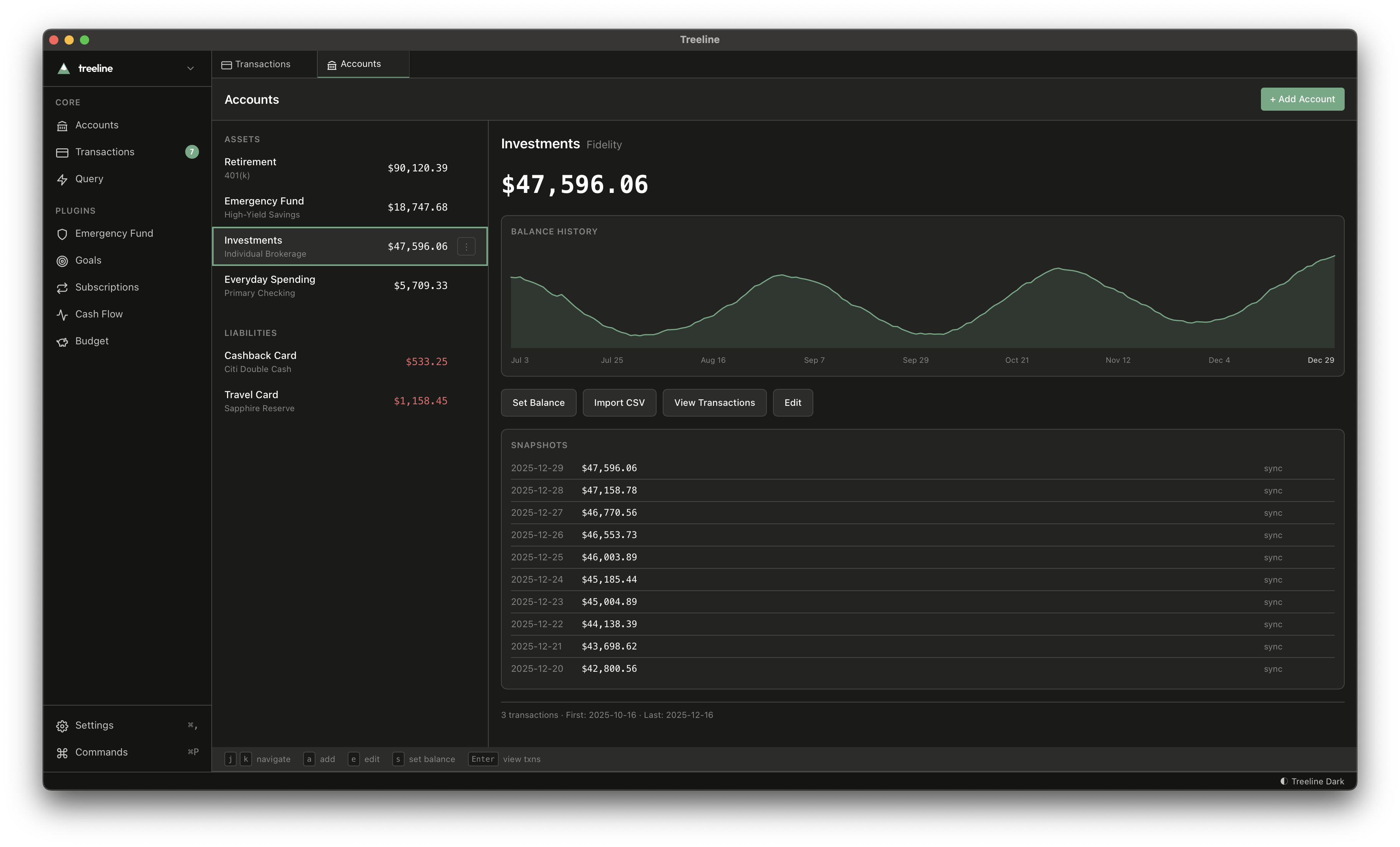 Treeline accounts view showing account balances