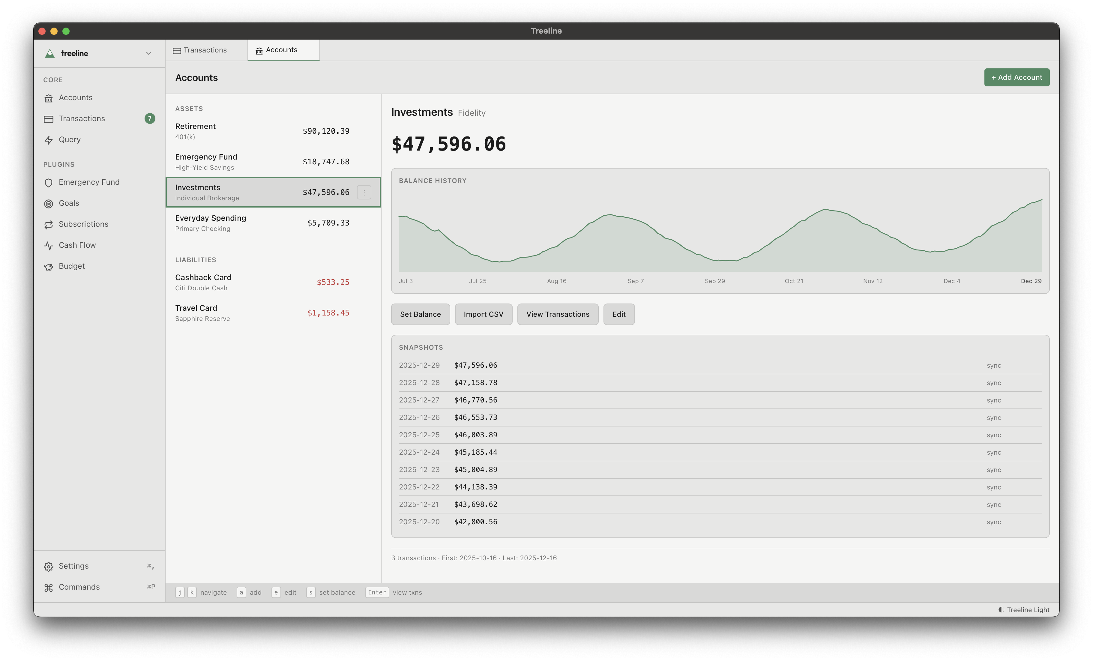 Treeline accounts view showing account balances